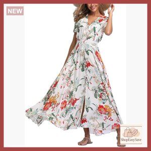 Boho Floral Maxi Dress Summer Button Up Split Flowy Beach Party Chic